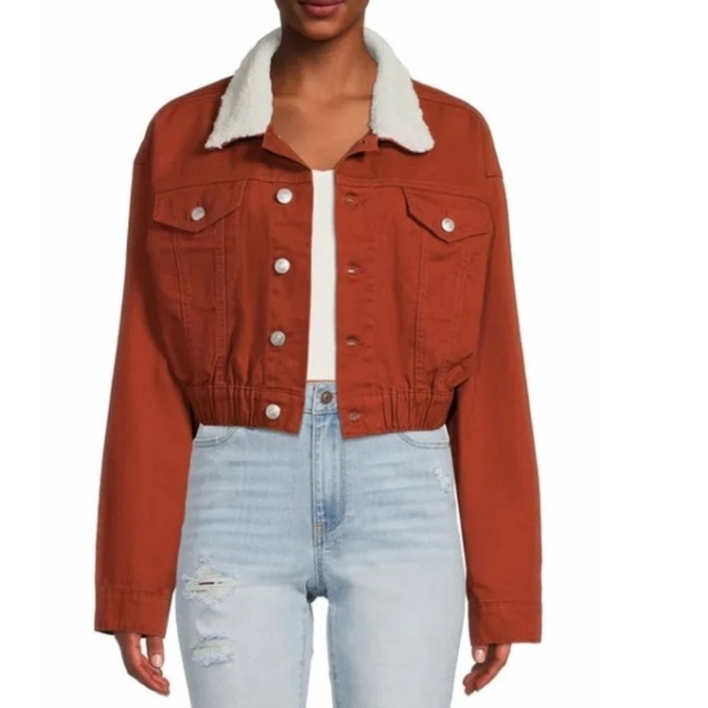 Madden NYC Junior's Cropped Denim Jacket with Faux Sherpa Collar - Ginger - XS